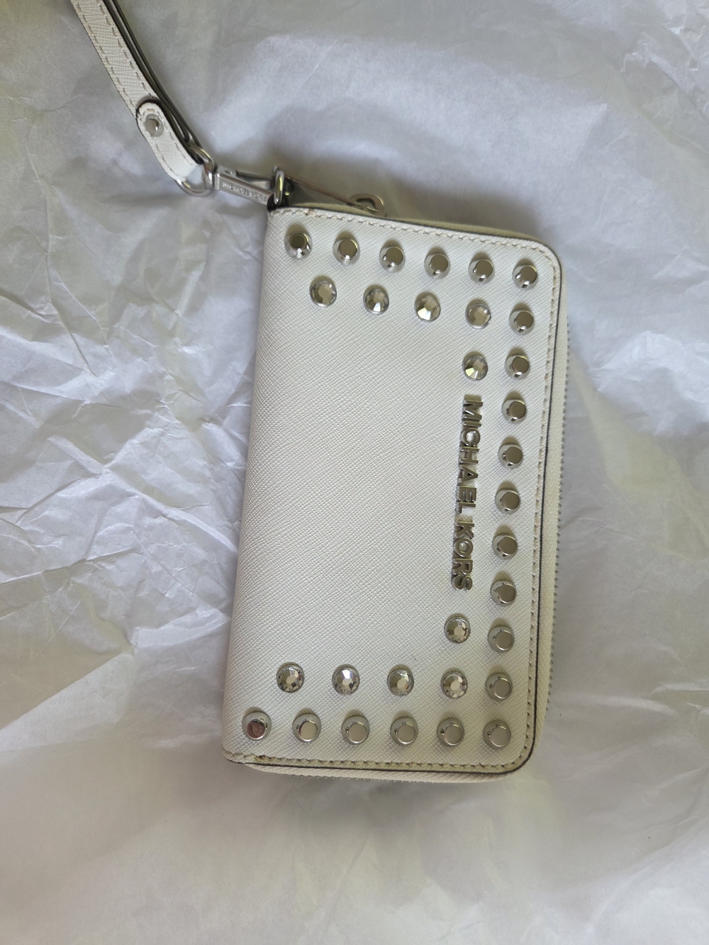 MICHAEL KORS White Studded Zip Wristlet/ Wallet